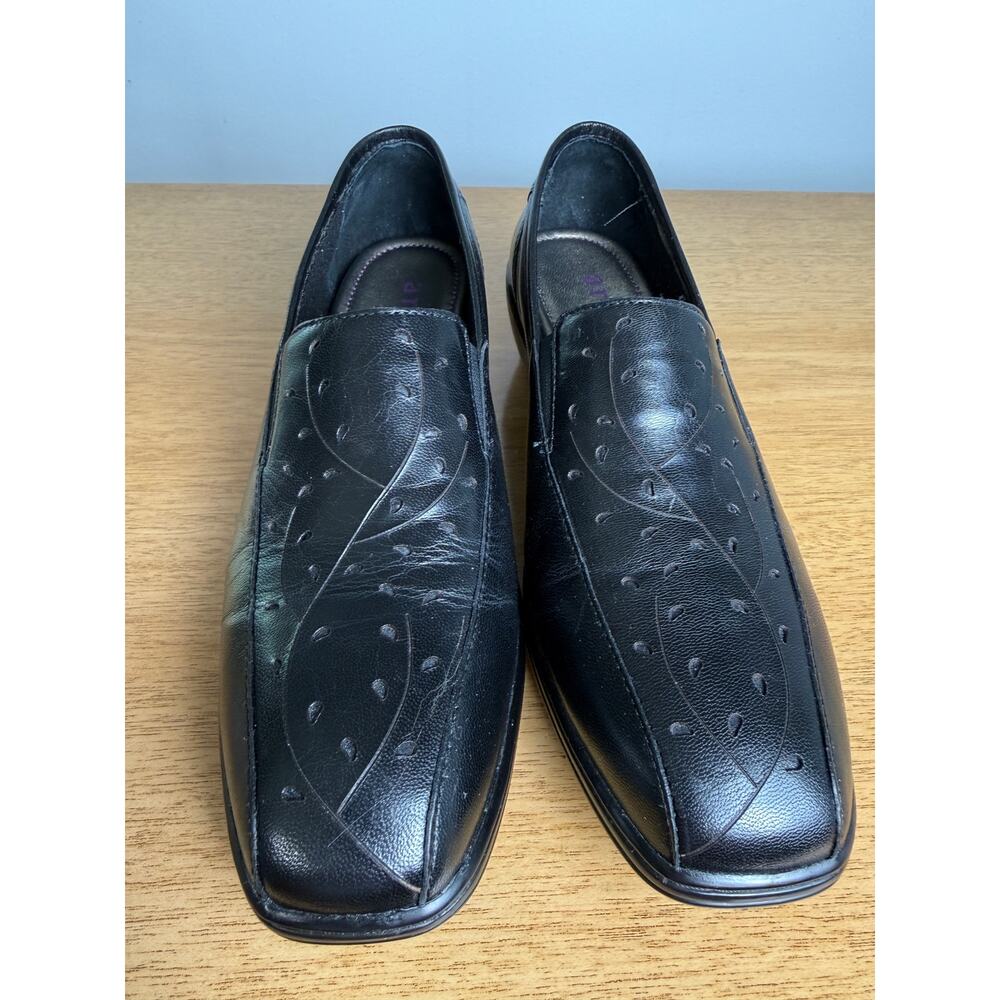 Aravon Kiley New Balance Black Leather Women's Loafer Ortho Cut Out Floral SZ 8B